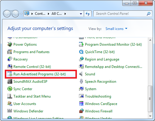 Locate run advertised programs in windows 10